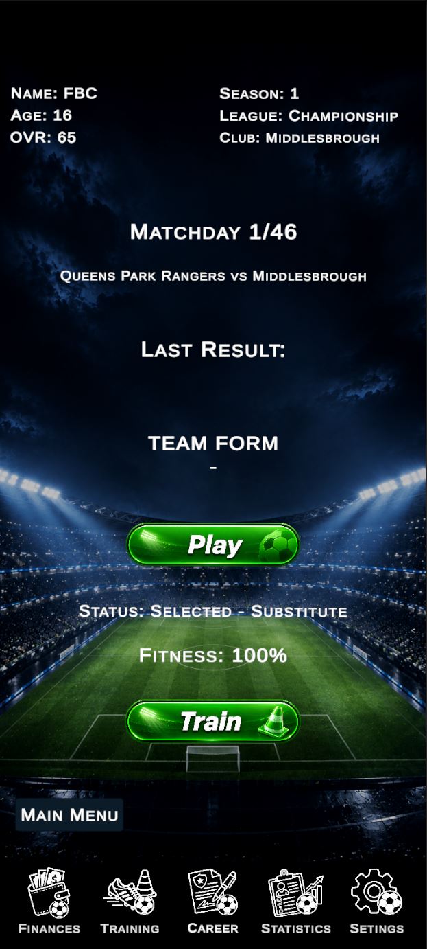 Football Career Project - Main Career Screen
